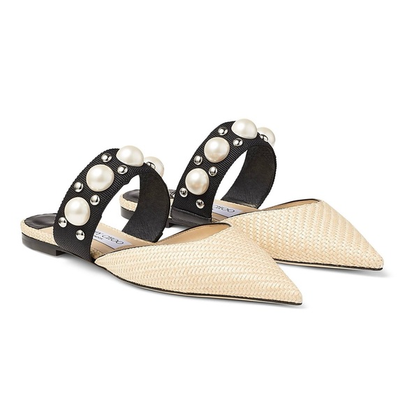 Jimmy Choo Basette Pearl Embellished Raffia Pointed Toe Slide Mule Flat Shoes 38 - Picture 2 of 16
